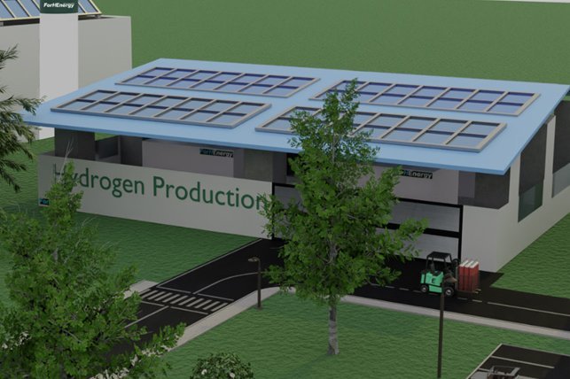 Rendering eines Gebäudes mit der Aufschrift "Hydrogen Production"